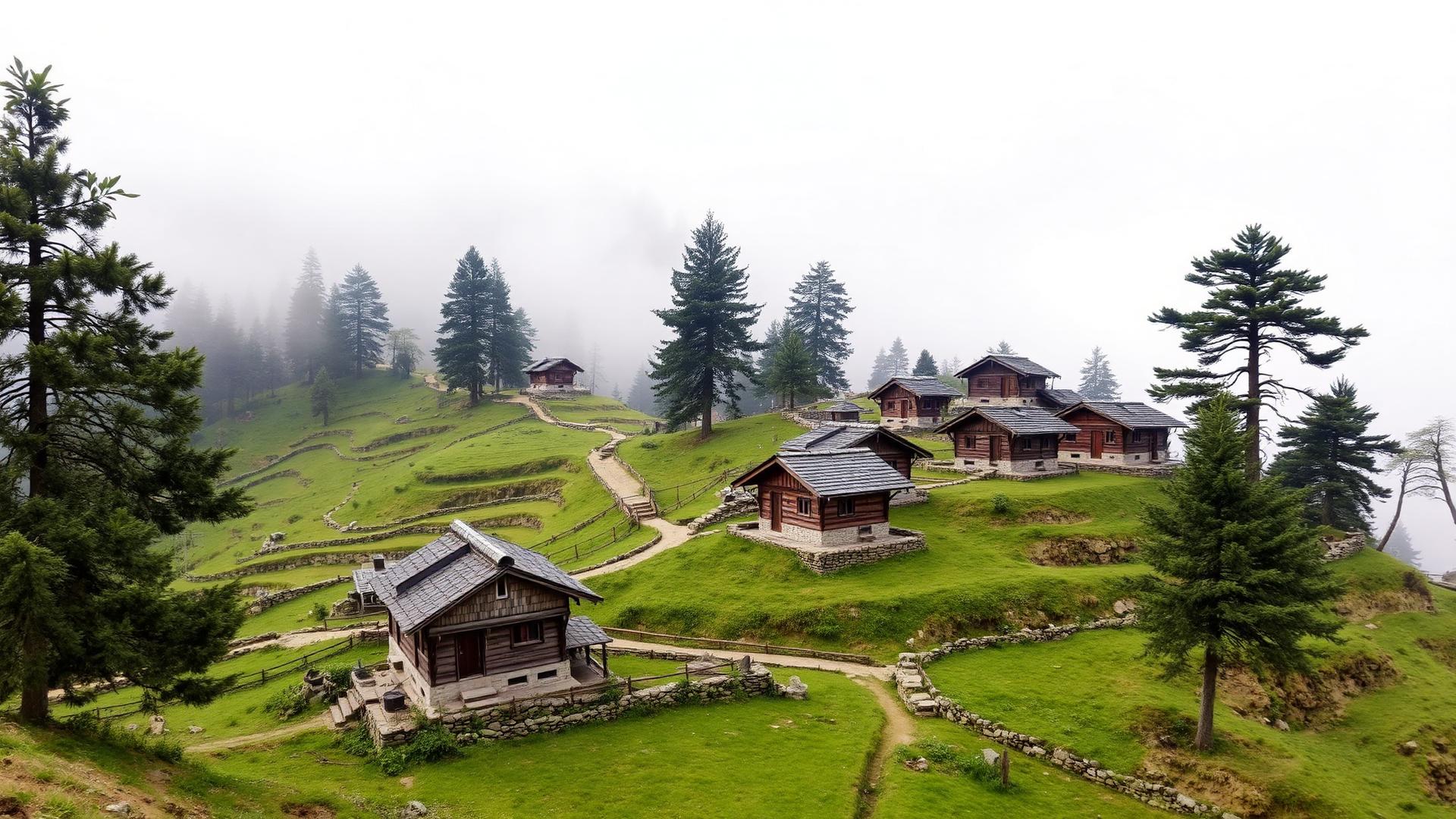 Slate-roof village on a green Himalayan ridge